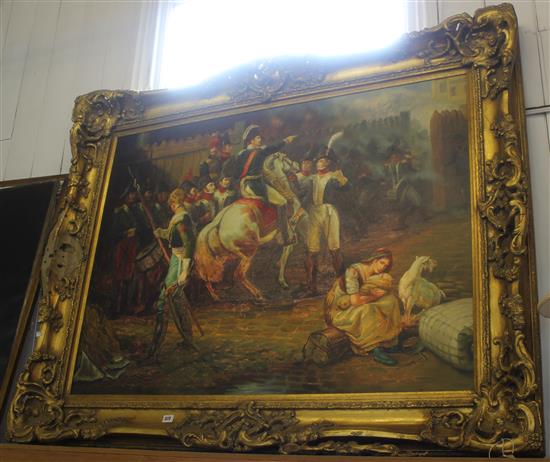 Modern oil on canvas, battle scene with equestrian portrait of Napoleon surrounded by officers, ornate gilt frame